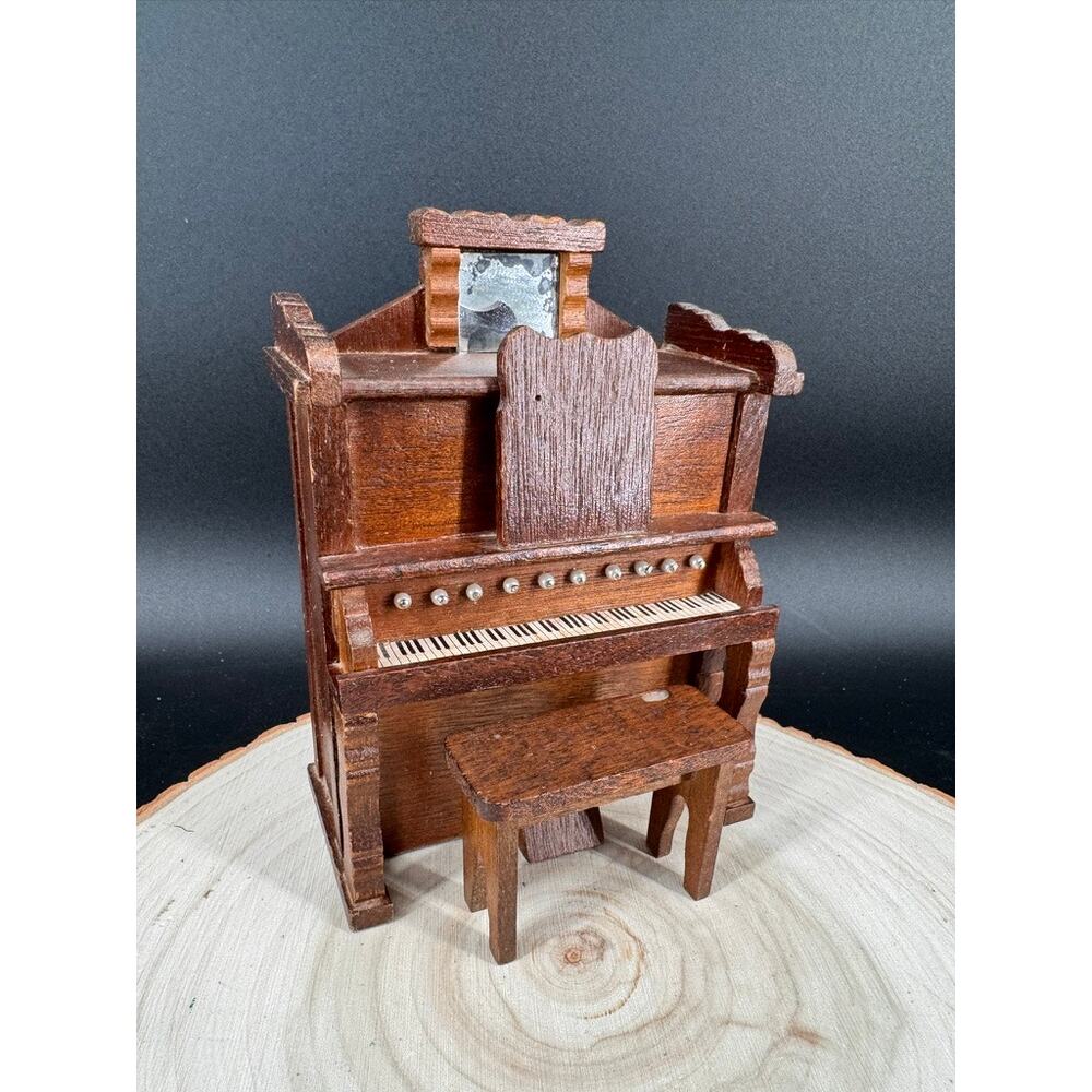 Vintage Shackman Miniature Upright Piano Organ Music Box w/ Bench Dollhouse